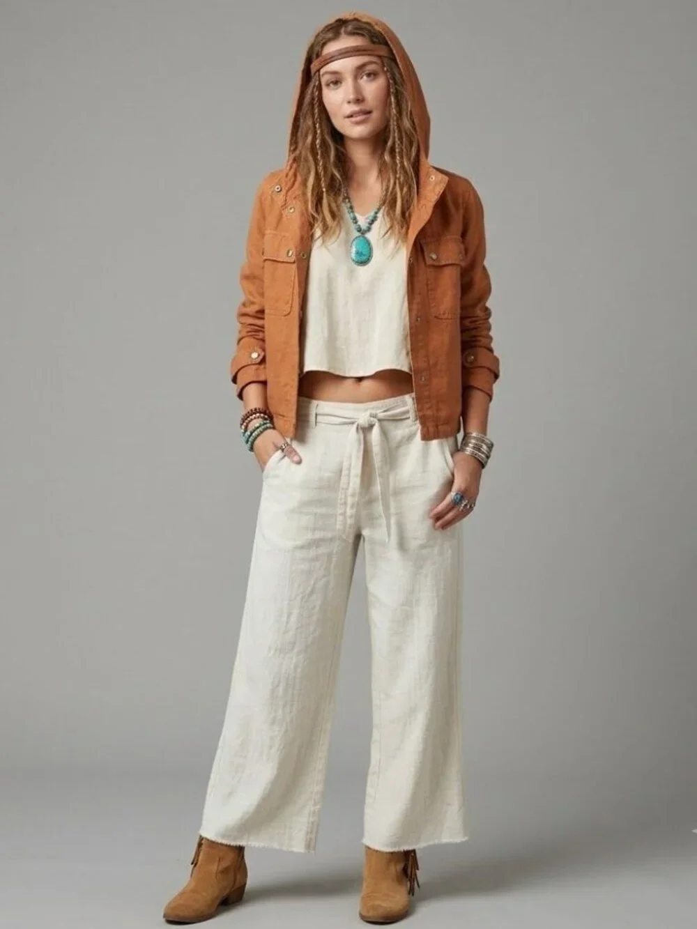Nicole Miller Hooded Terra Cotta Cropped Linen Lagenlook Jacket Womens Large